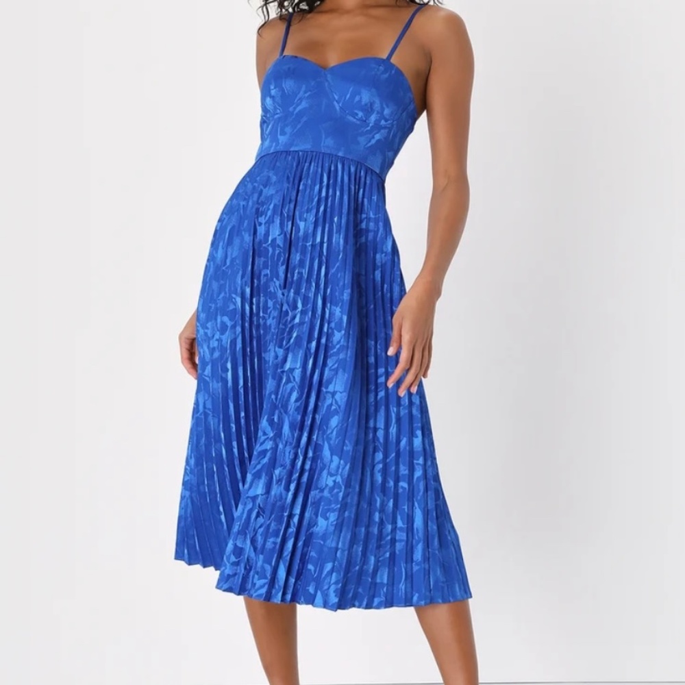 Lulu’s Chic Sensibility Cobalt Blue Satin Jacquard Pleated Midi Dress